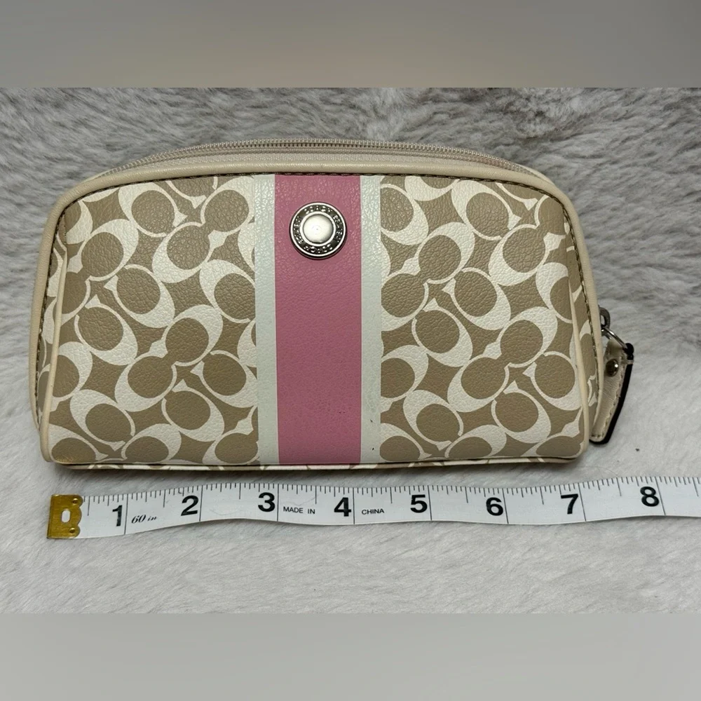 Coach Beige Signature Cosmetic Case with Pink Center Stripe - Picture 6 of 8